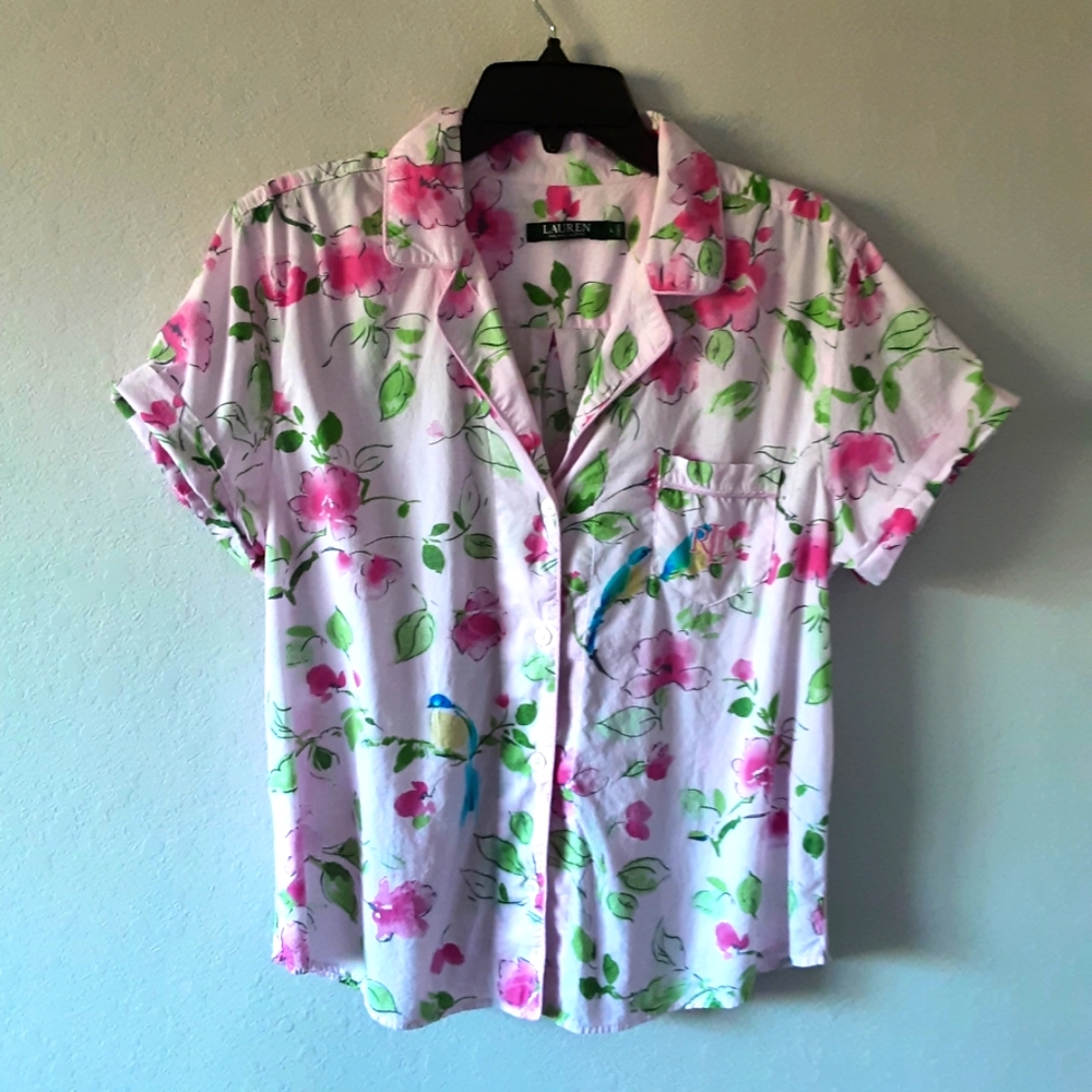 Lauren by Ralph Lauren Short Sleeve Button Down Pink Floral Blouse